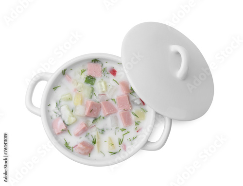 Delicious cold summer soup (okroshka) with boiled sausage in pot isolated on white, top view