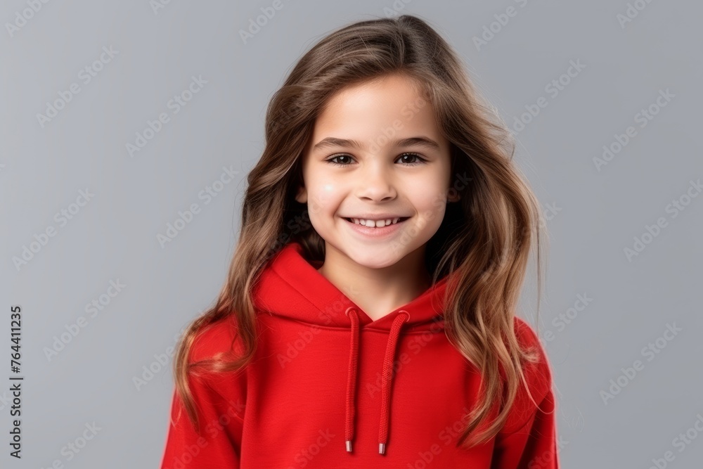 Portrait of a smiling little girl in red hoodie over grey background Portrait of a smiling little girl in red hoodie over grey background