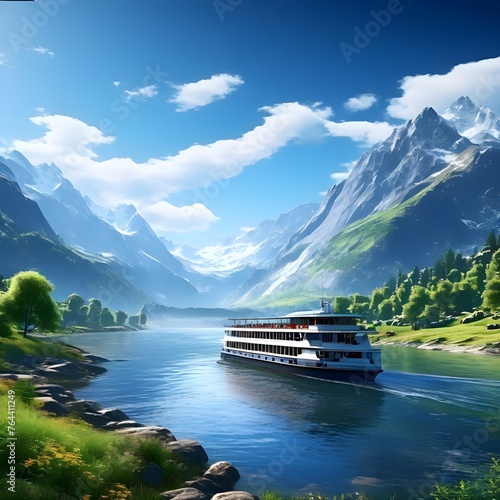 한적하고 여유로운 느낌 낡고 오래된 배 한척 강물위에 유유히 떠가고 저 멀리 멋진 풍경을 자랑하는 여름날의 웅장한 장관의 산맥들 © 스타후츄 미