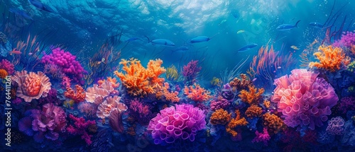 Abstract coral reef, underwater pattern, vibrant marine life © Seksan