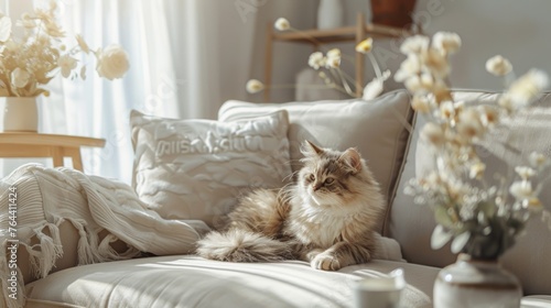 Siberian cat reclining on a beige couch with white flowers in a serene living space