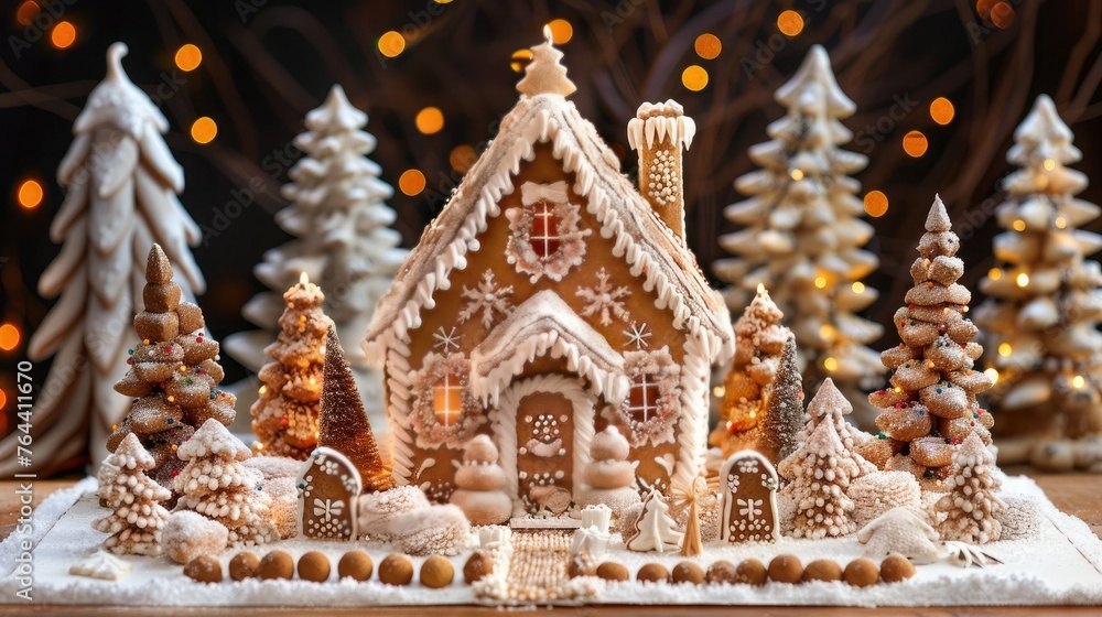 A festive gingerbread house surrounded by beautifully decorated Christmas trees