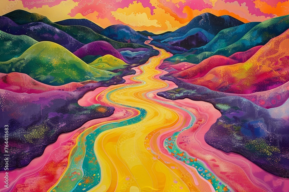 A river of fruit juice, winding through a colorful landscape A river of fruit juice, winding through a colorful landscape