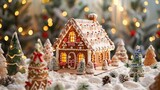 A festive gingerbread house surrounded by beautifully decorated Christmas trees
