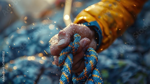 Climber securing a rope at a belay station, safety first, close-up, hyper realistic photo