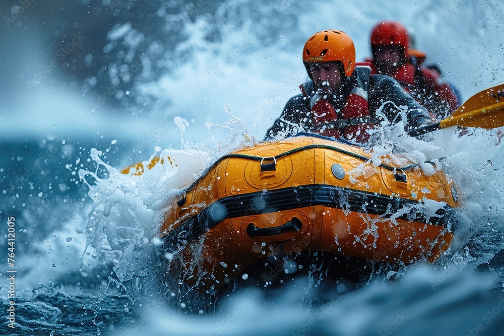 Raft caught in a spray of white water, vibrant, close-up action, vibrant color Raft caught in a spray of white water, vibrant, close-up action, vibrant color