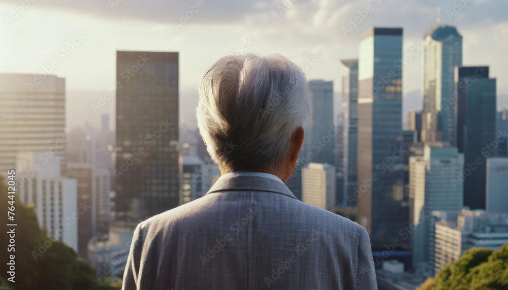 Old man looking at skyscrapers, back view, back shot, clouds, gray hair, glasses, suit, evening