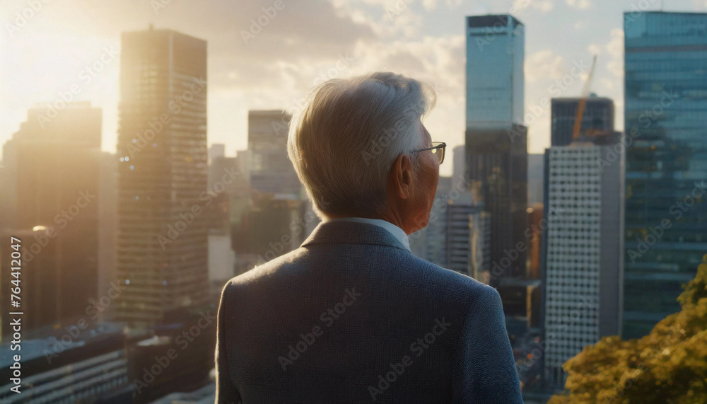 Old man looking at skyscrapers, back view, back shot, clouds, gray hair, glasses, suit Old man looking at skyscrapers, back view, back shot, clouds, gray hair, glasses, suit