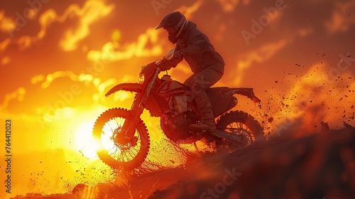 Rider executing a stylish trick in the backcountry, silhouette, golden hour, 3D illustration