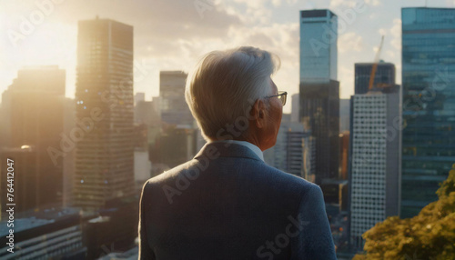 Old man looking at skyscrapers, back view, back shot, clouds, gray hair, glasses, suit