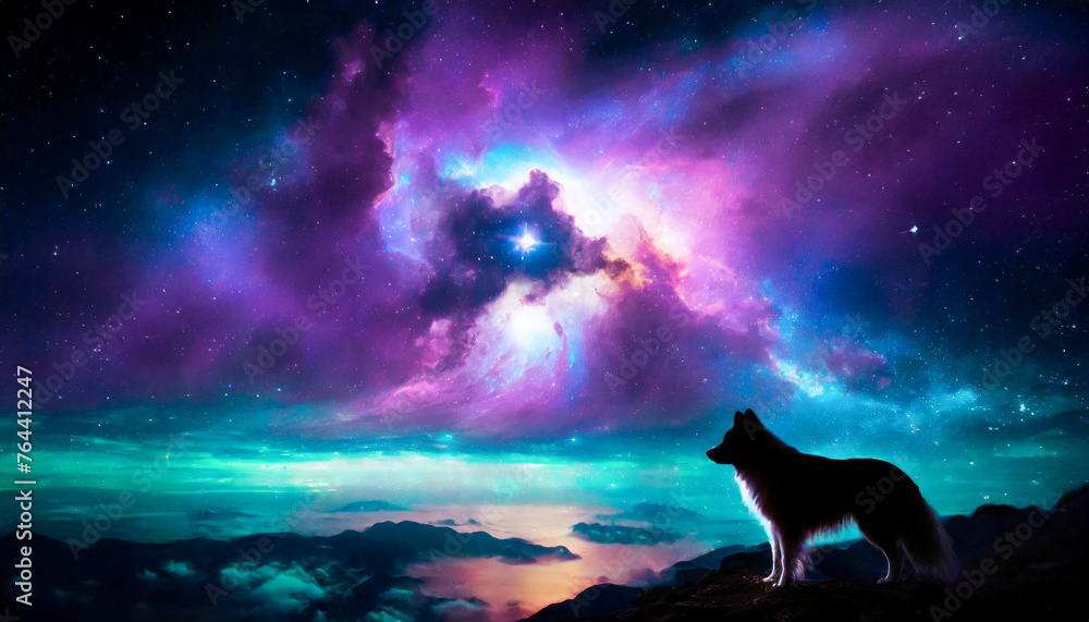 dog watching a nebula afterlife concept - obrazy, fototapety, plakaty 