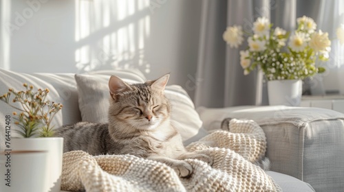 Tabby cat basking in the sunlight on a cozy sofa with white knitted blanket and flowers © lemoncraft