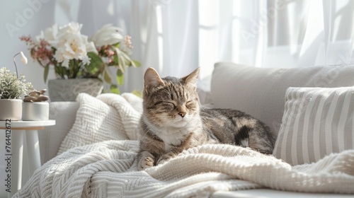 Tabby cat basking in the sunlight on a cozy sofa with white knitted blanket and flowers