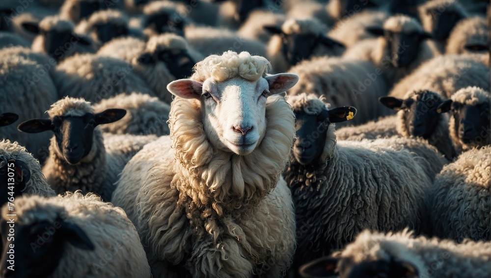 A white sheep alone among a crowd of black sheep, concept of standing ...