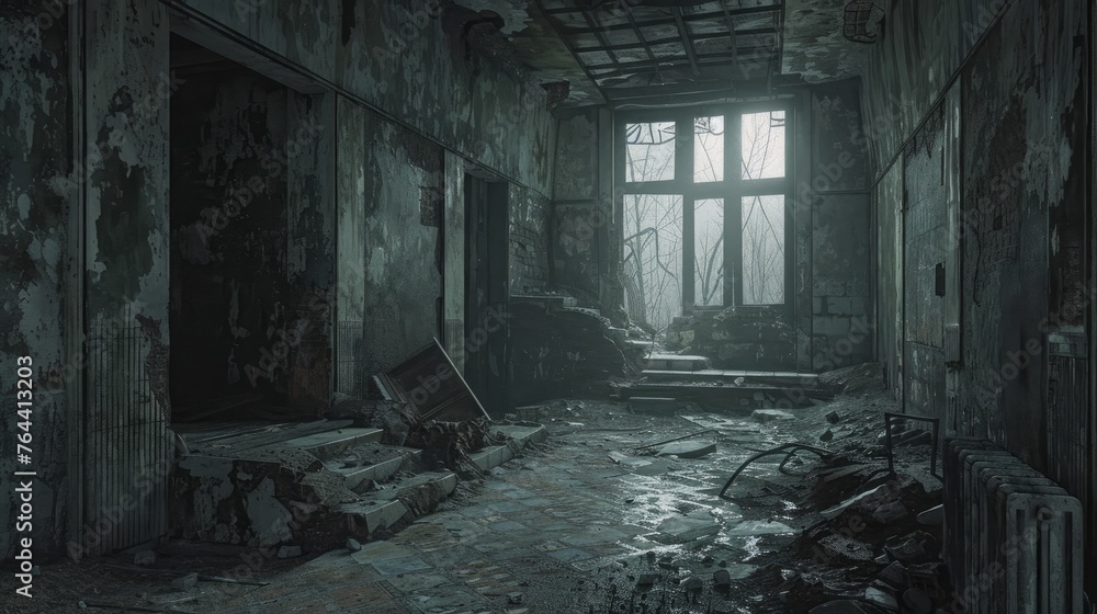 The background is a ruined and eerie building with a grungy and old appearance, set in a