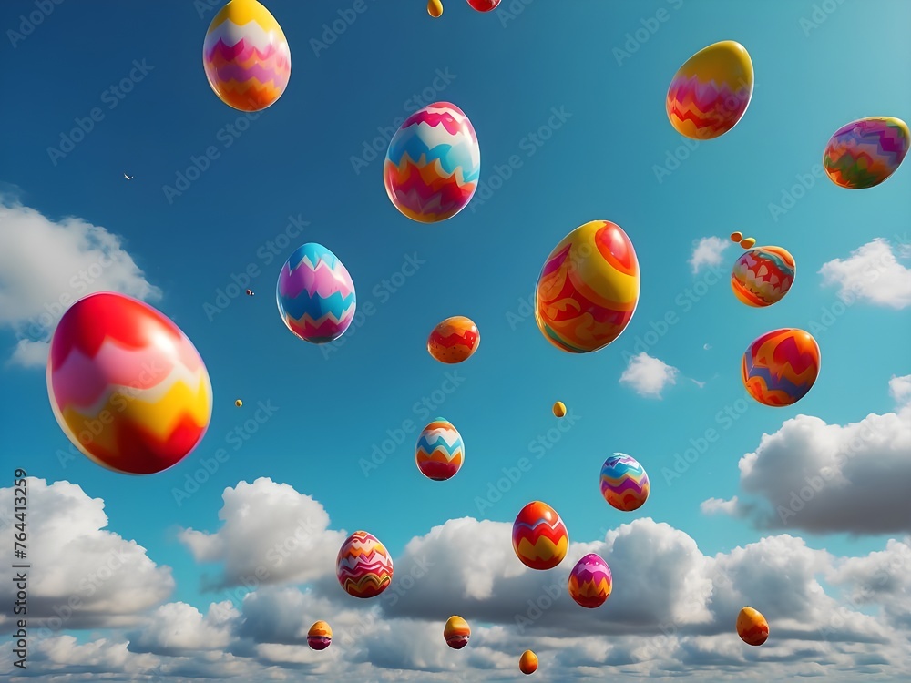 Easter eggs floating in a cloudy blue sky. Generative AI. Easter eggs floating in a cloudy blue sky. Generative AI.
