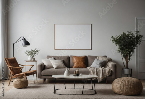 frame and poster mockup in modern living room interior.