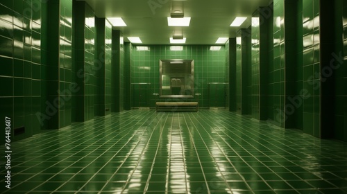 Green Tiled Hallway With Central Statue