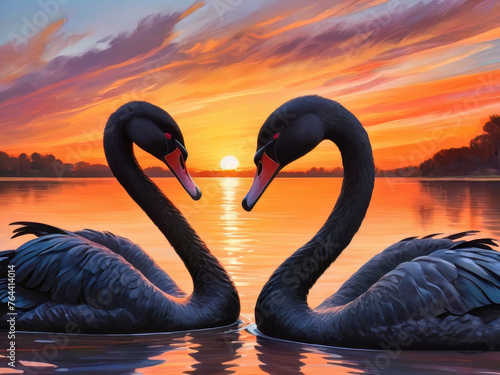 Two loving black swans on the water. ai Generated