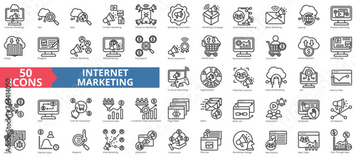 Internet marketing icon collection set. Containing seo, sem, content, influencer, campaign, social media, automation icon. Simple line vector.