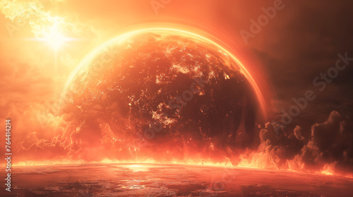 A fiery planet with a bright sun in the background