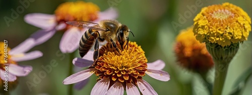 Bee  apis mellifera  on helenium flowers  close up