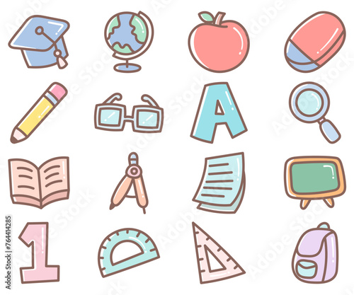 Cute Doodle Paste Color Style School Theme Vector Illustration Collection Set. Editable Line. Adjustable Stroke Width.
