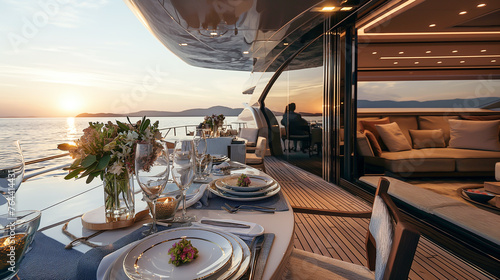 A beautiful yacht with a table set up for a dinner party photo