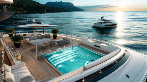 A large yacht with a pool on the deck and a boat in the water © Riley