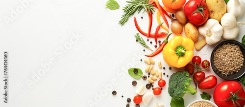 A white background with a variety of vegetables and spices © Riley