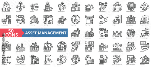 Asset management icon collection set. Containing systematic, approach, human capital, physical objects, buildings, equipment, intangible icon. Simple line vector.