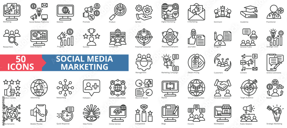 Social media marketing icon collection set. Containing website, promote, product, service, digital, e-marketing, dominant icon. Simple line vector.