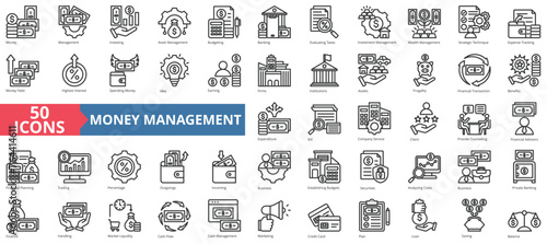 Money management icon collection set. Containing investing, asset, budgeting, banking, evaluating taxes, investment, wealth icon. Simple line vector.