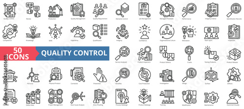 Quality control icon collection set. Containing review, production, management, requirement, elements control, job, processes icon. Simple line vector.