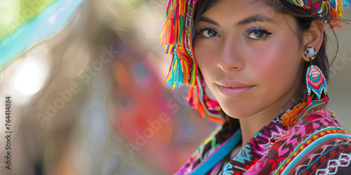 portrait of a beautiful young woman in traditional Peruvian with colorful patterns and tassels, generative AI photo