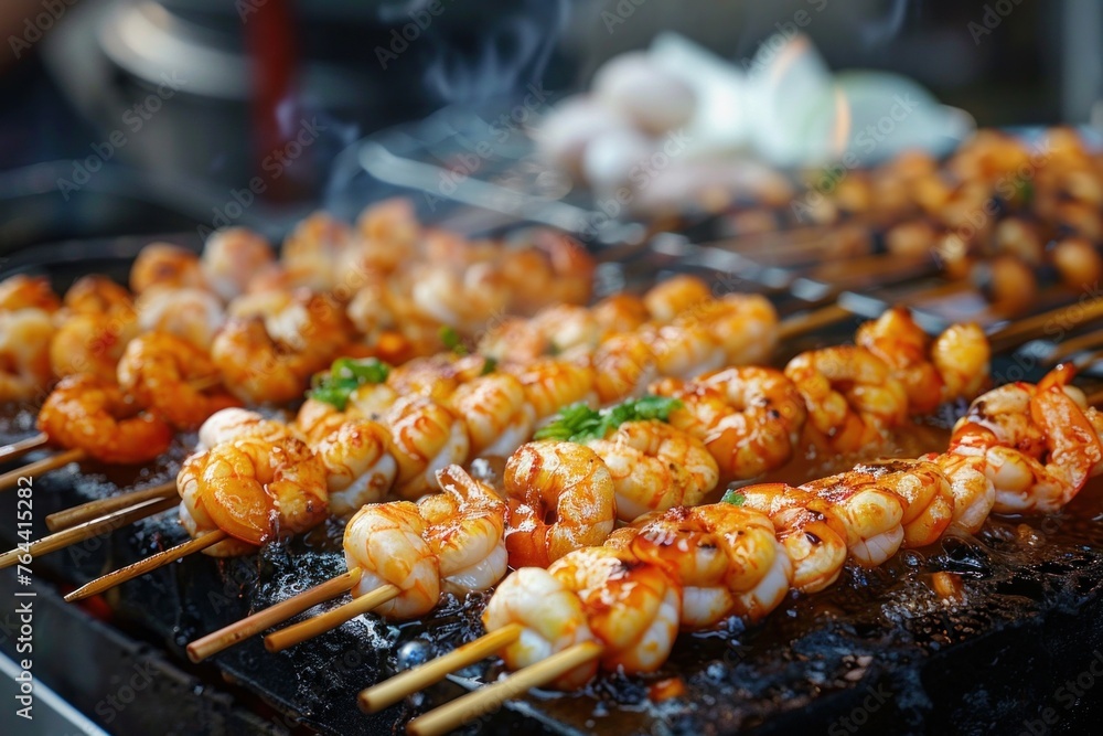 Street food images showing grilled river prawns