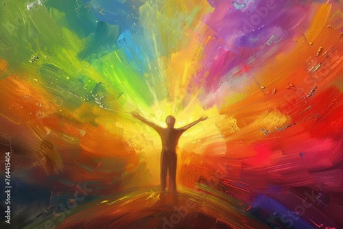 A creative depiction of happiness as a colorful spectrum radiating from a persons heart