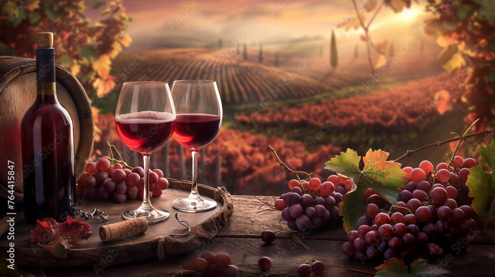 red wine and grapes - Rustic Elegance: Red Wine and Vineyard Whispers