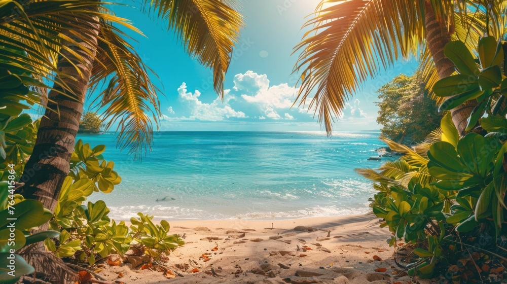 best travel landscape paradise beach tropical island background beautiful palm trees closeup sea waves sunshine blue sky clouds luxury travel summer vacation website design zen inspire wallpaper