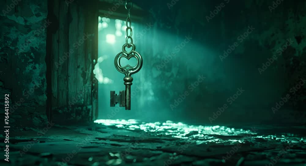A glowing key suspended in mid-air, door hidden in shadows A glowing key suspended in mid-air, door hidden in shadows
