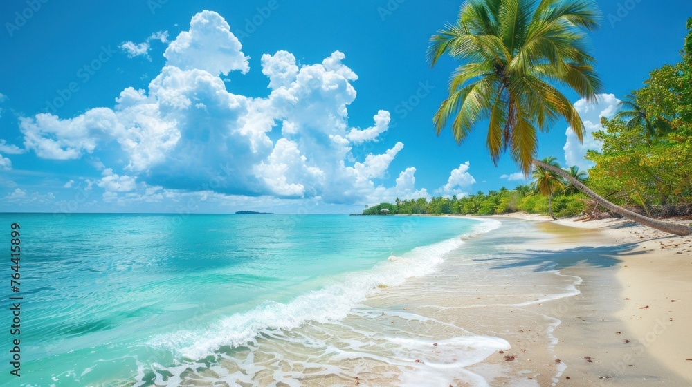 Naklejka premium best travel landscape paradise beach tropical island background beautiful palm trees closeup sea waves sunshine blue sky clouds luxury travel summer vacation website design zen inspire wallpaper