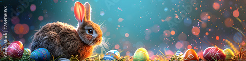 Cute Easter rabbit with decorated eggs on magic field with colorful neon lights. Little bunny in the meadow. Fairy tail. Happy Easter greeting card, banner, border photo