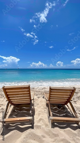 two lounge chairs on a sandy beach with blue sky © 2D_Jungle