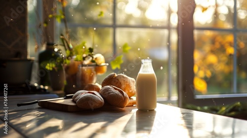 A bottle of milk and bread on the table next to the windows  AI