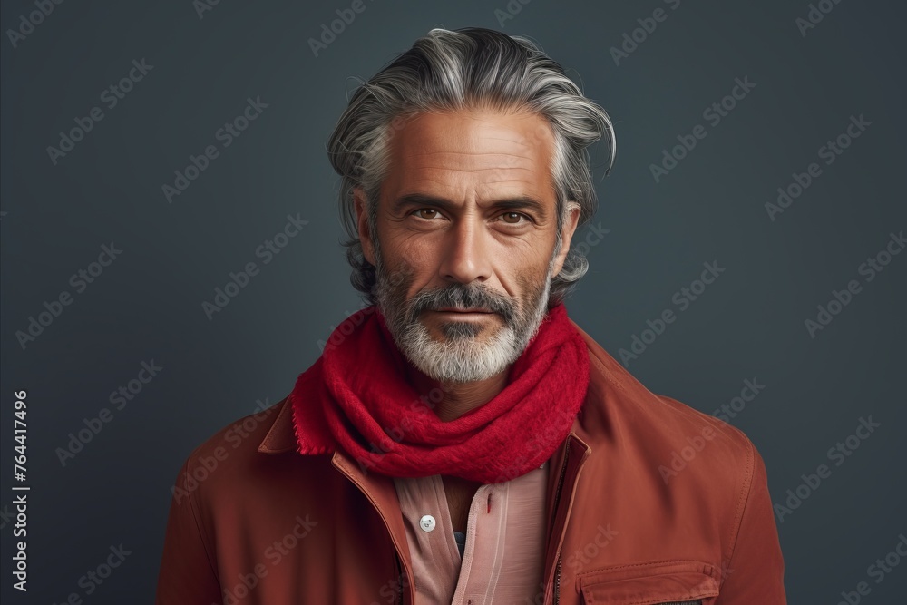 Portrait of a handsome middle-aged man with grey hair and a red scarf. Portrait of a handsome middle-aged man with grey hair and a red scarf.