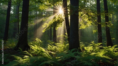 forest fresh leaves and sun rays