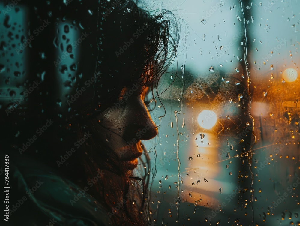 Woman Gazing Out Rainy Window