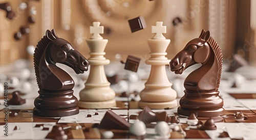 Whimsical 3D rendered scene of milk and chocolate blocks playing chess photo
