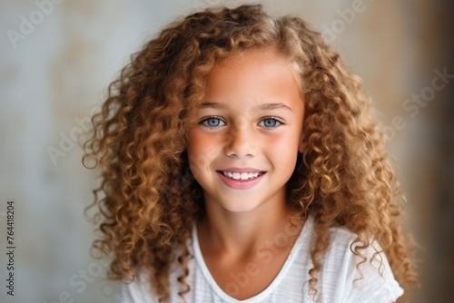 Portrait of a cute little girl with curly hair smiling at camera