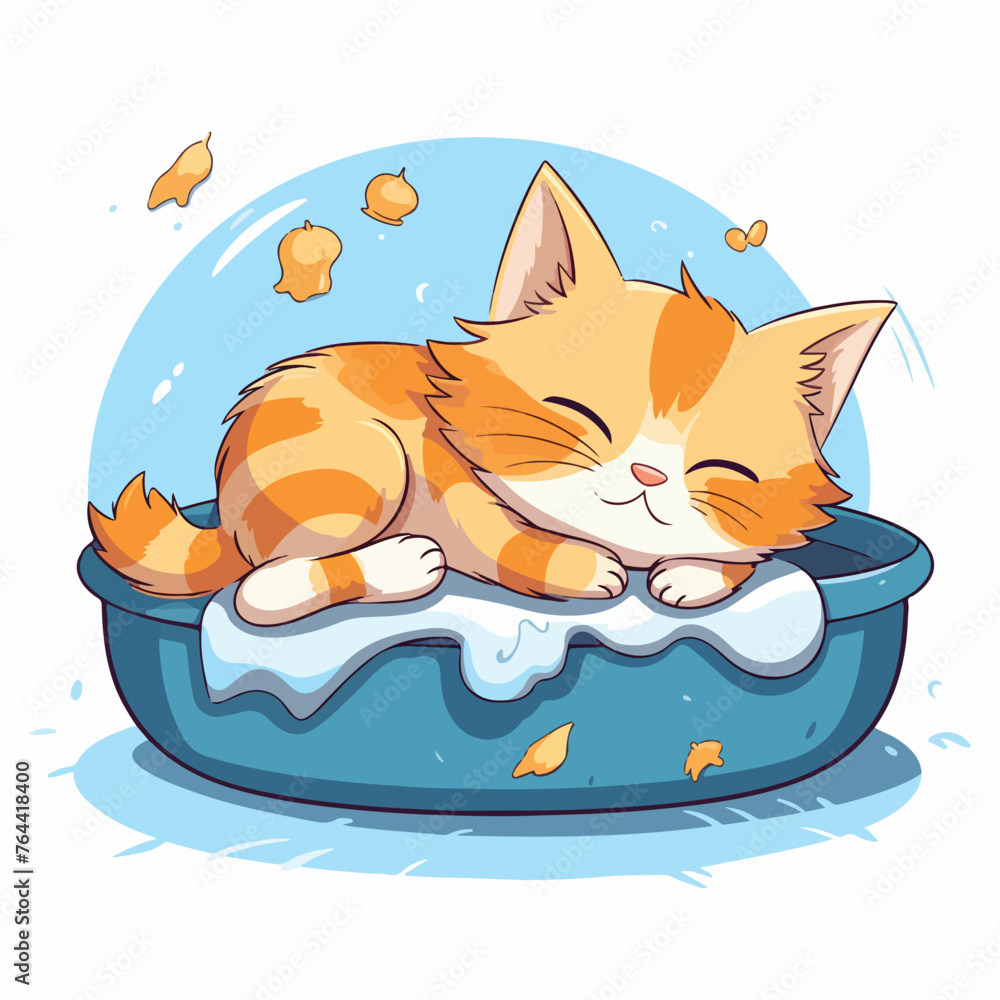 Vector cartoon illustration of cute sleeping cat is